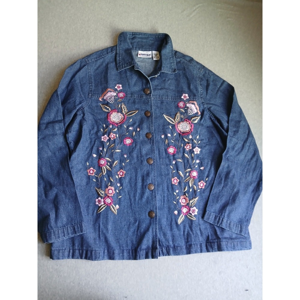 National Top 18 Denim Button Down Shirt Embroidered Cottage Boho Bohemian VTG